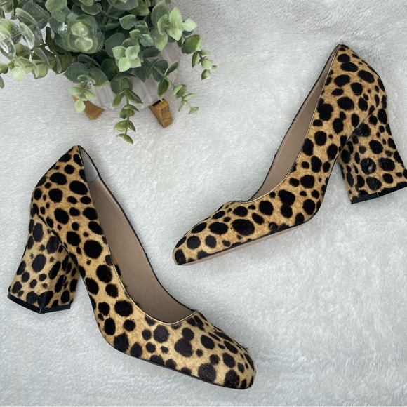 Stuart Weitzman Leopard Calf Hair Square Toe Pumps Size 8 Block Heels Tan Animal - Picture 1 of 9